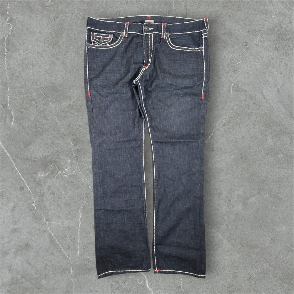 True Religion Ricky Jeans Mens 42x34 Indigo Blue Super T Stitch White Stitching